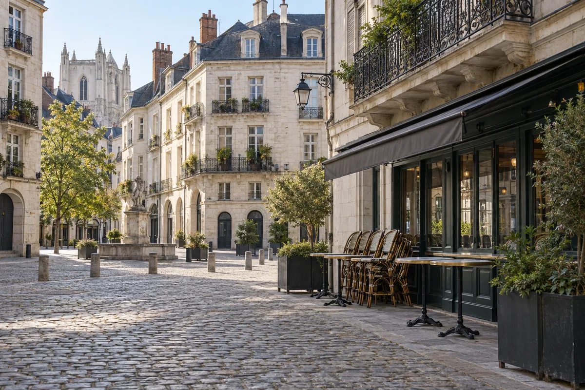 Place pavée du centre ancien de Nantes bordée d’immeubles en tuffeau et de balcons en fer forgé