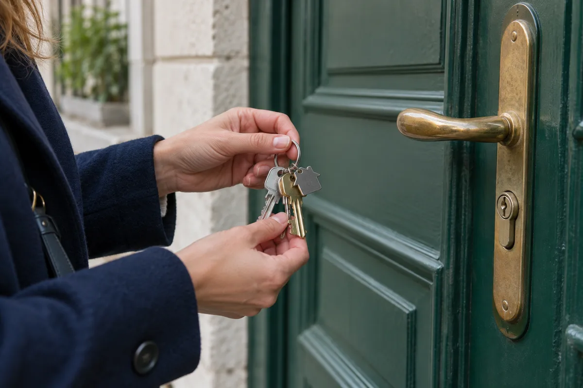 Mains tenant un trousseau de clés devant la porte verte d’une maison nantaise