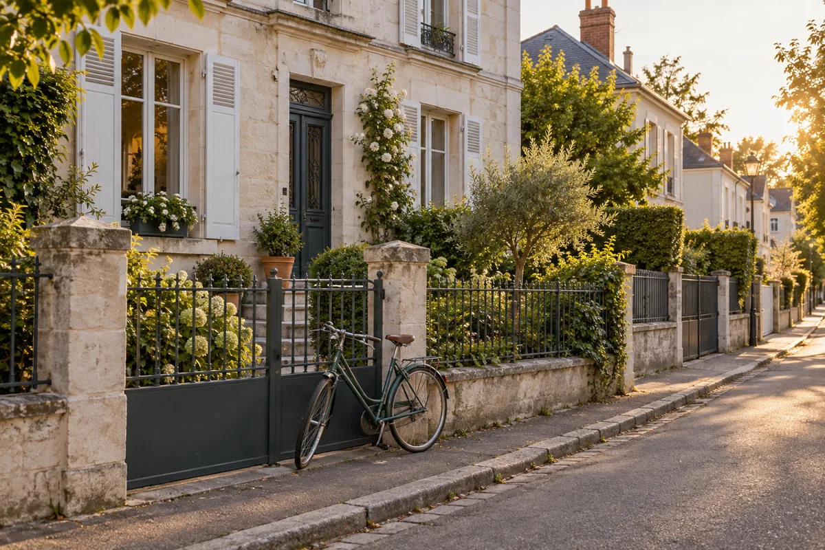Maison de ville en pierre blanche avec jardinet dans une rue calme de première couronne