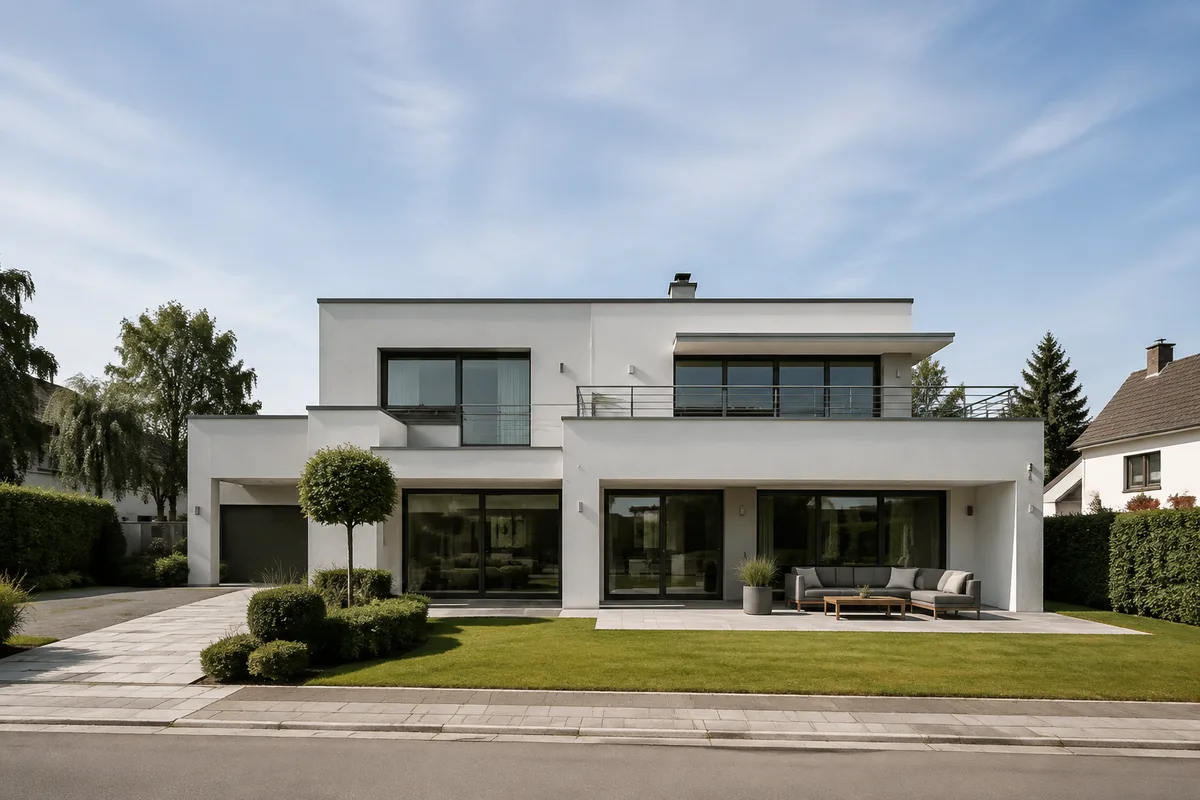 Maison contemporaine avec jardin, terrasse et portail aluminium vue depuis la rue