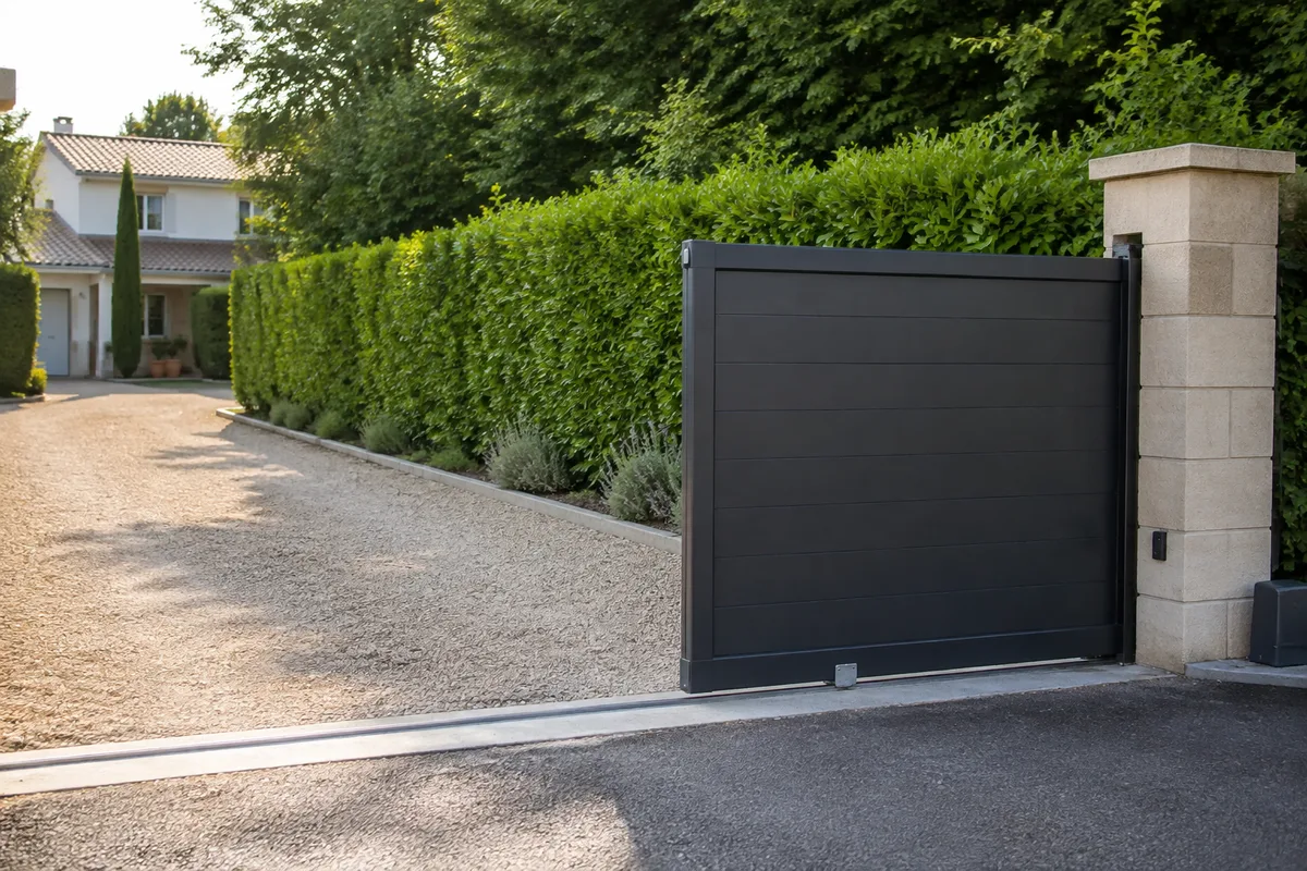Portail coulissant en aluminium et allée gravillonnée devant une maison avec jardin
