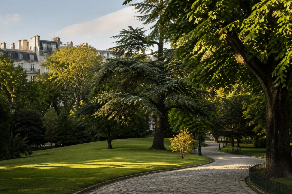 Immeubles parisiens en pierre bordant un parc arboré avec allée pavée