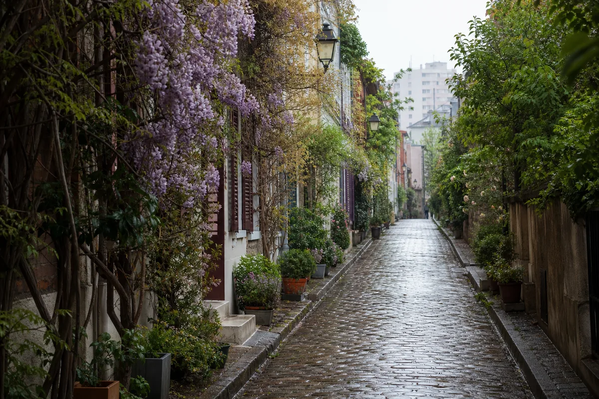 Ruelle pavée bordée de maisons de ville fleuries dans le quartier de la Campagne à Paris, dans le 20e arrondissement