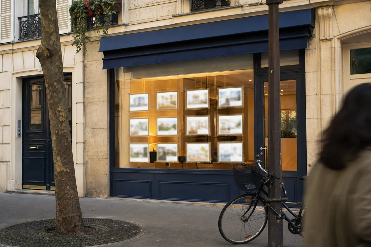 Devanture d’une agence immobilière de quartier avec annonces en vitrine sur une avenue animée de l’est parisien