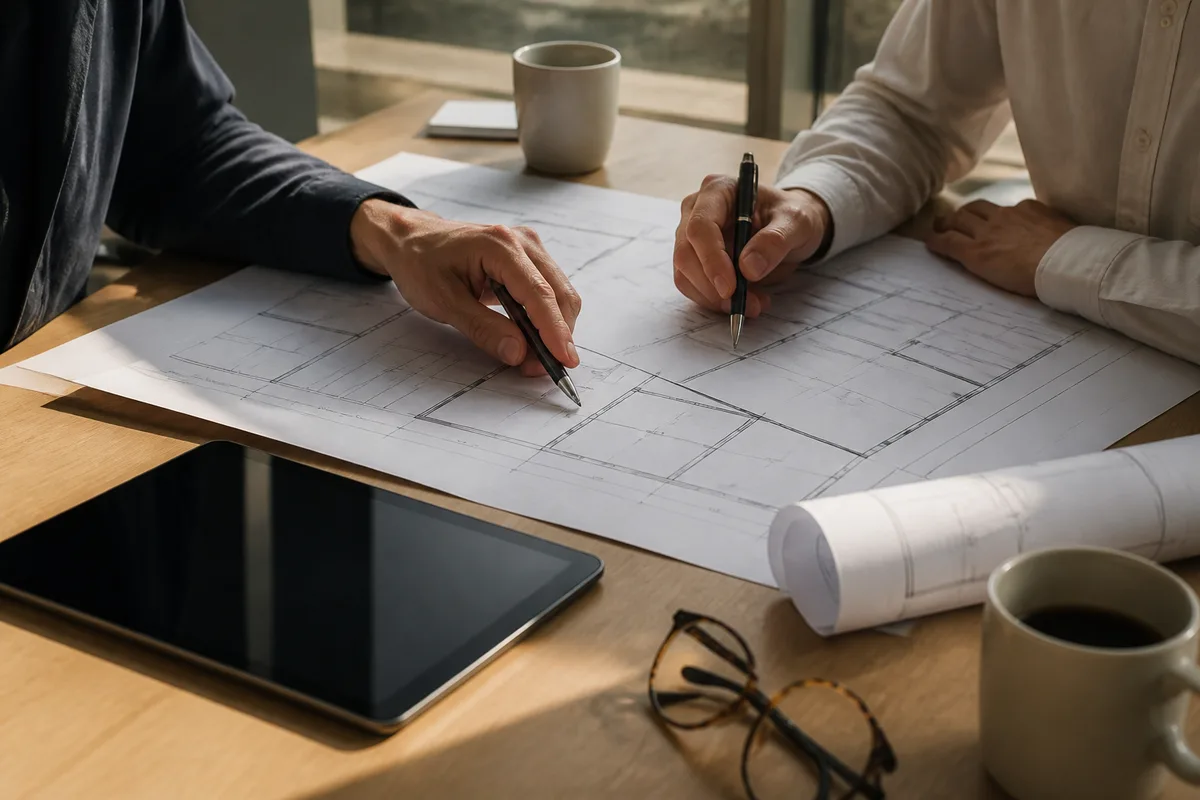 Table de réunion avec plans d’immeuble dépliés et mains annotant un document