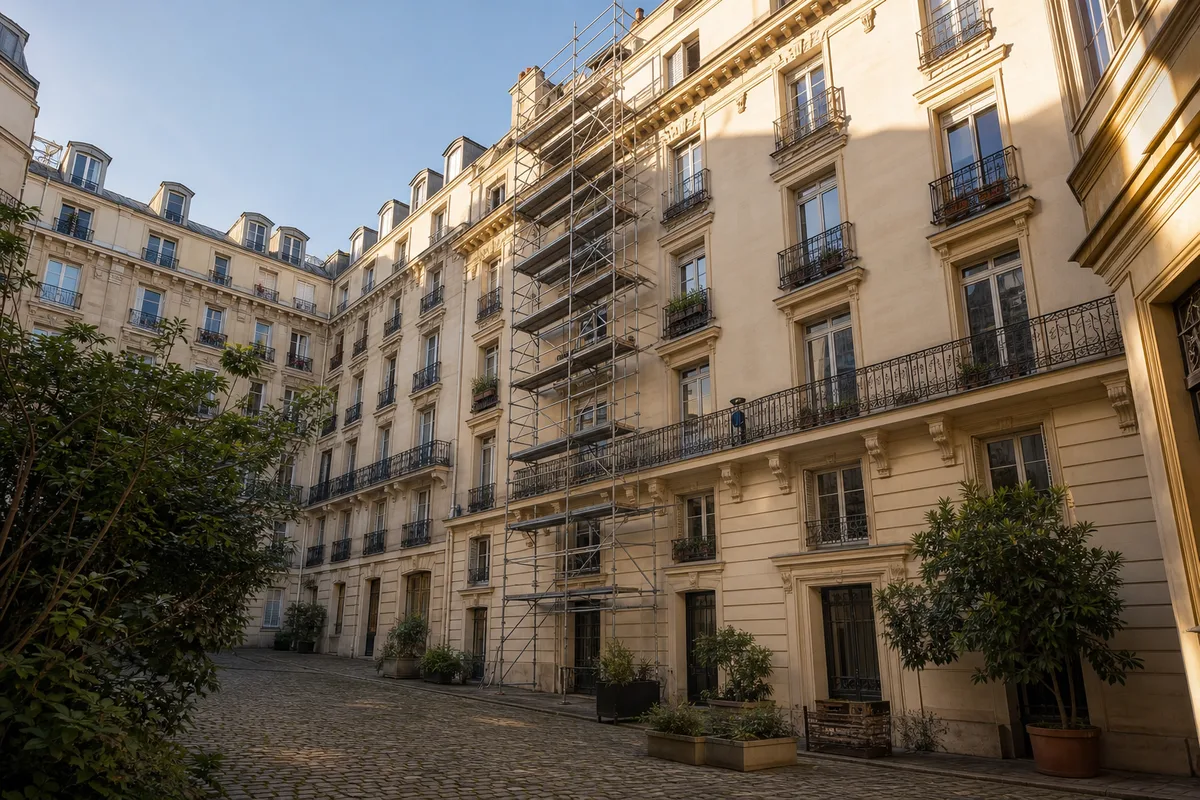 Cour intérieure d’un immeuble résidentiel en fin de journée avec échafaudage léger
