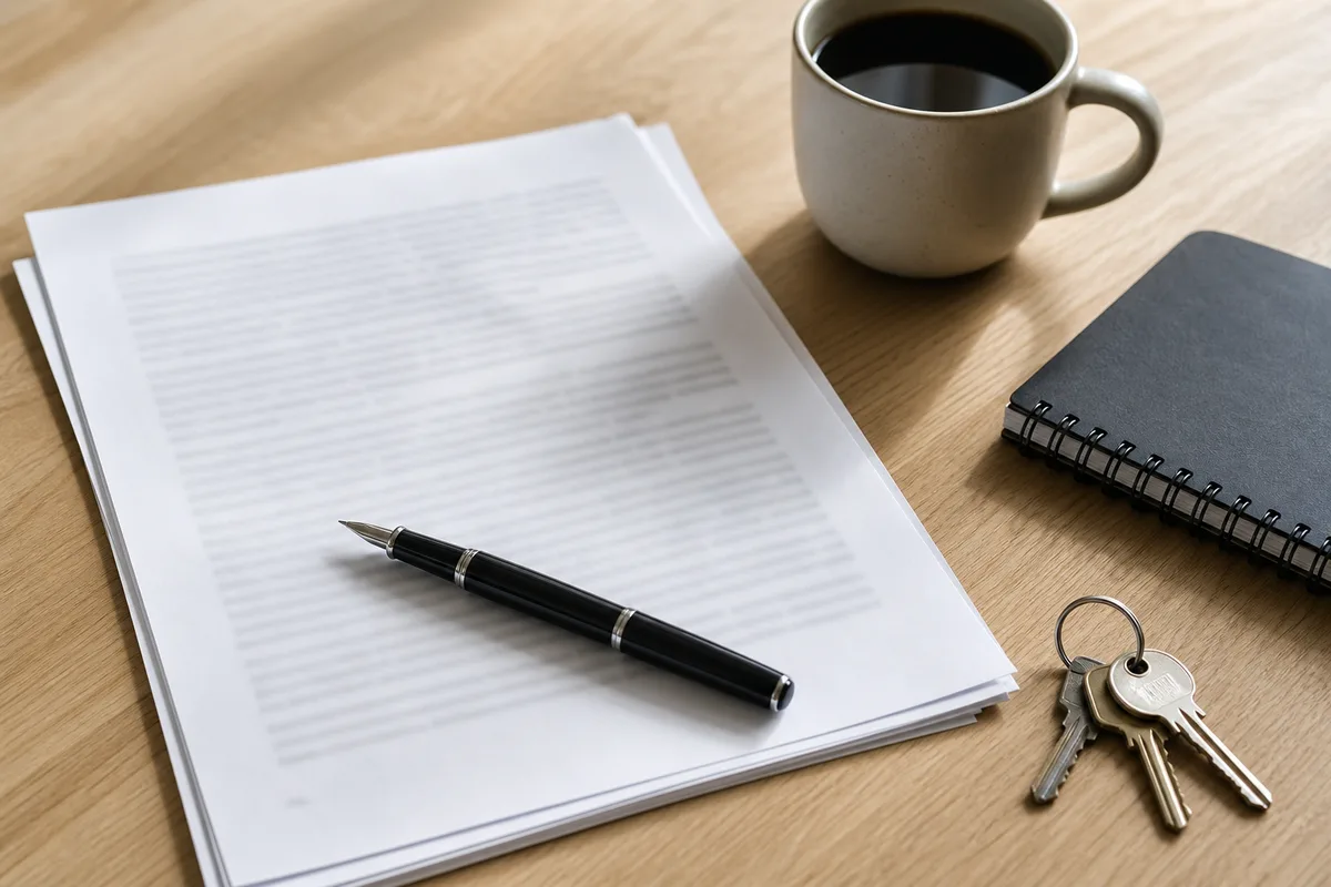 Contrat de mandat de recherche immobilier signé sur une table de bureau