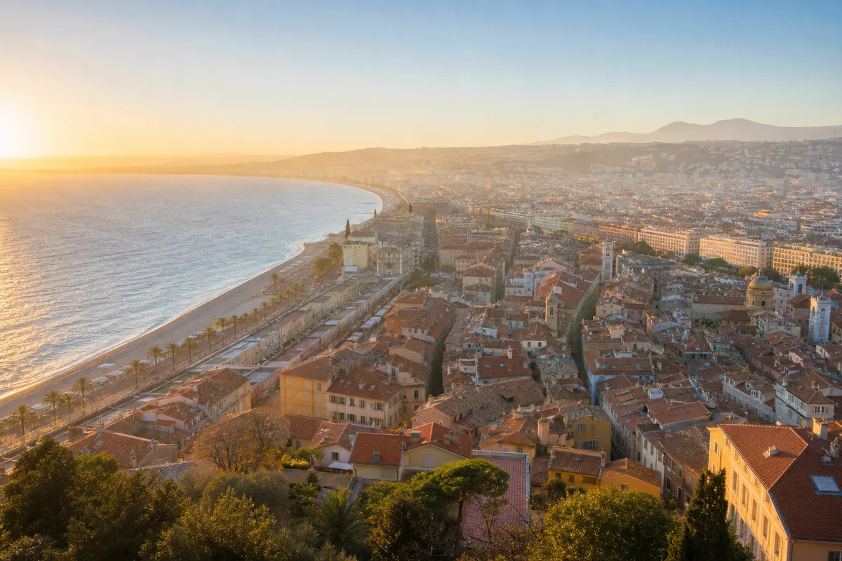 Vue en hauteur des toits et de la baie de Nice au petit matin