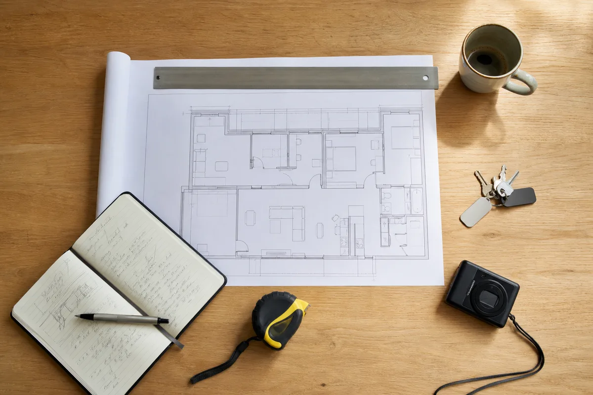 Bureau d’un professionnel de l’immobilier avec plans et carnet de visites