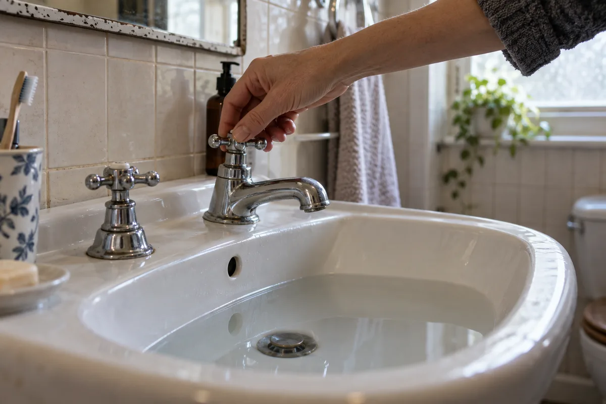 Main ouvrant le robinet d’un lavabo ancien où l’eau stagne dans la vasque