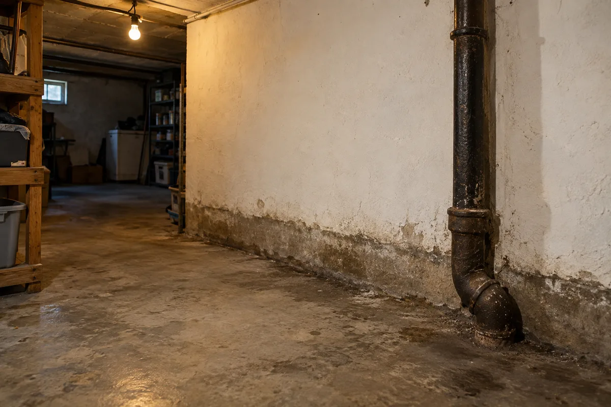 Trace de reflux sombre au pied d’un mur de sous-sol et tuyau en fonte