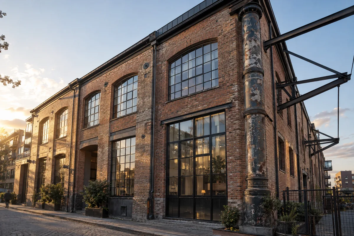 Ancien atelier industriel en brique reconverti en logements avec colonne en fonte