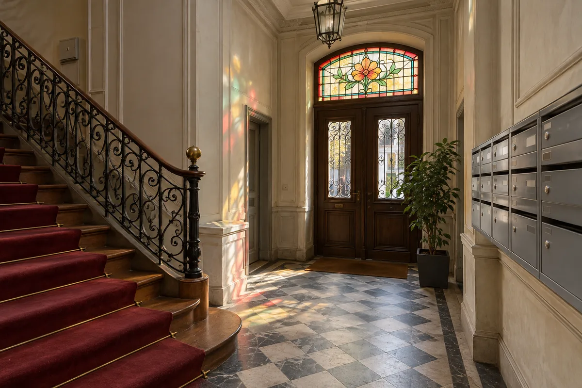 Hall d’entrée de copropriété avec boîtes aux lettres métalliques et escalier en bois