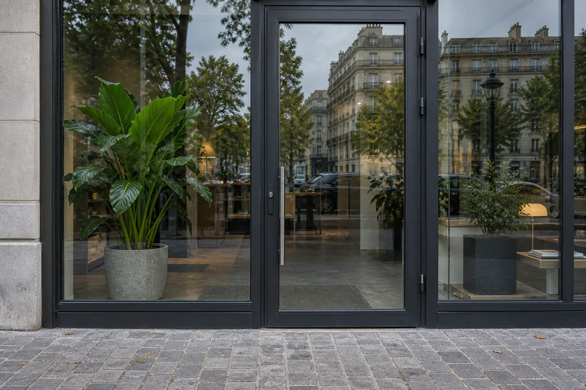 Porte vitrée d’un local de syndic vue depuis la rue avec reflet des façades