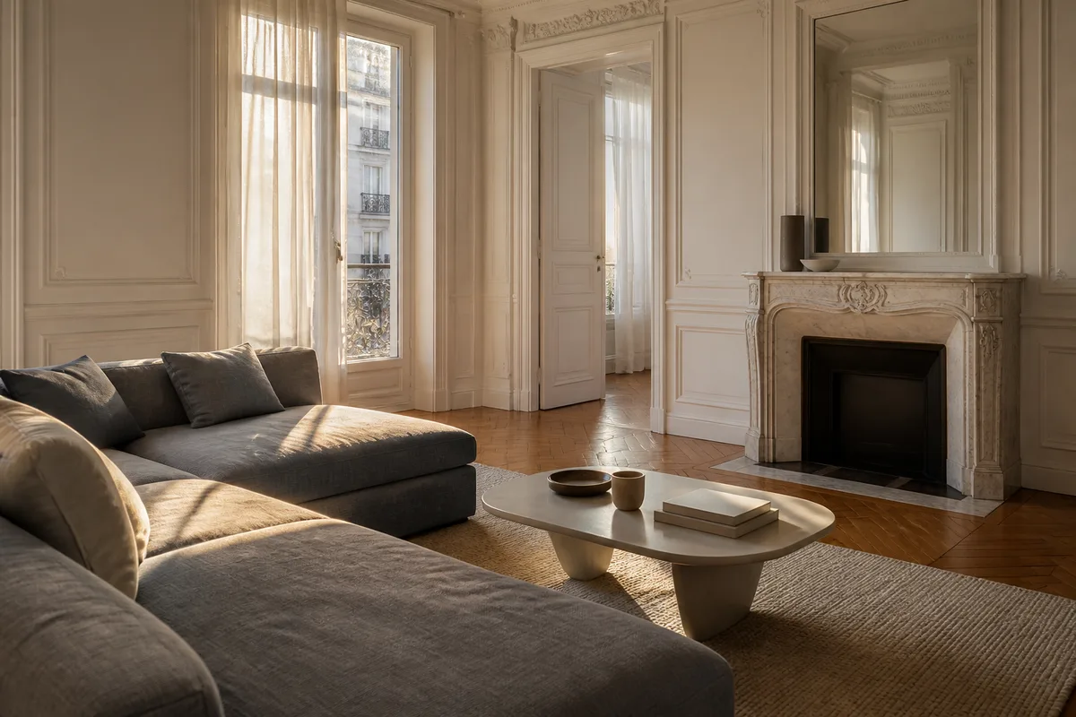 Séjour lumineux d’un appartement ancien avec parquet et moulures, prêt à être loué