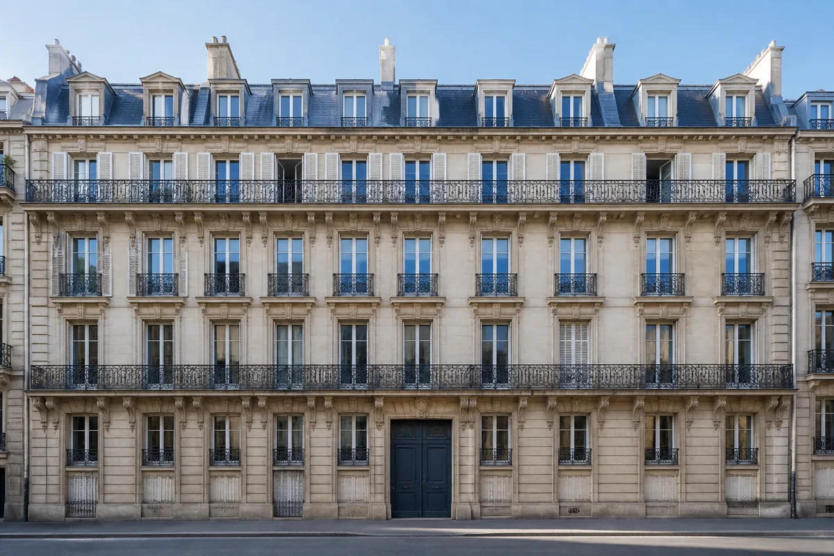 Façade d’immeuble haussmannien en pierre claire avec balcons en fer forgé, ciel dégagé