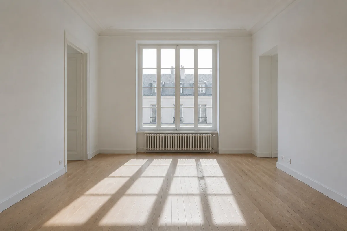 Salon d’appartement vide aux murs blancs, parquet clair et grande fenêtre laissant entrer la lumière rasante