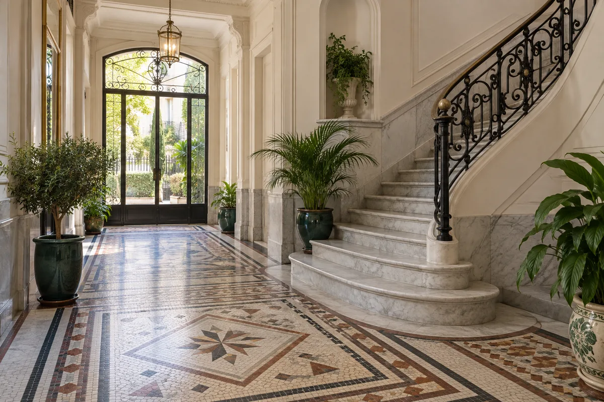 Hall d’entrée d’une résidence ancienne de Cimiez avec sol en mosaïque et escalier en marbre