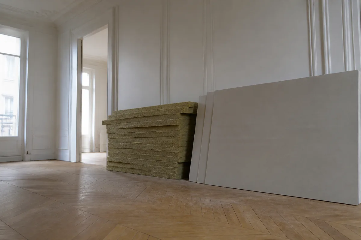 Ossature métallique et panneaux de laine minérale posés contre un mur d’appartement en travaux