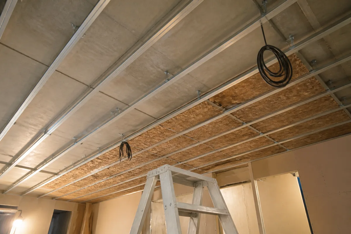 Plafond d’appartement en cours de doublage avec suspentes et rails métalliques