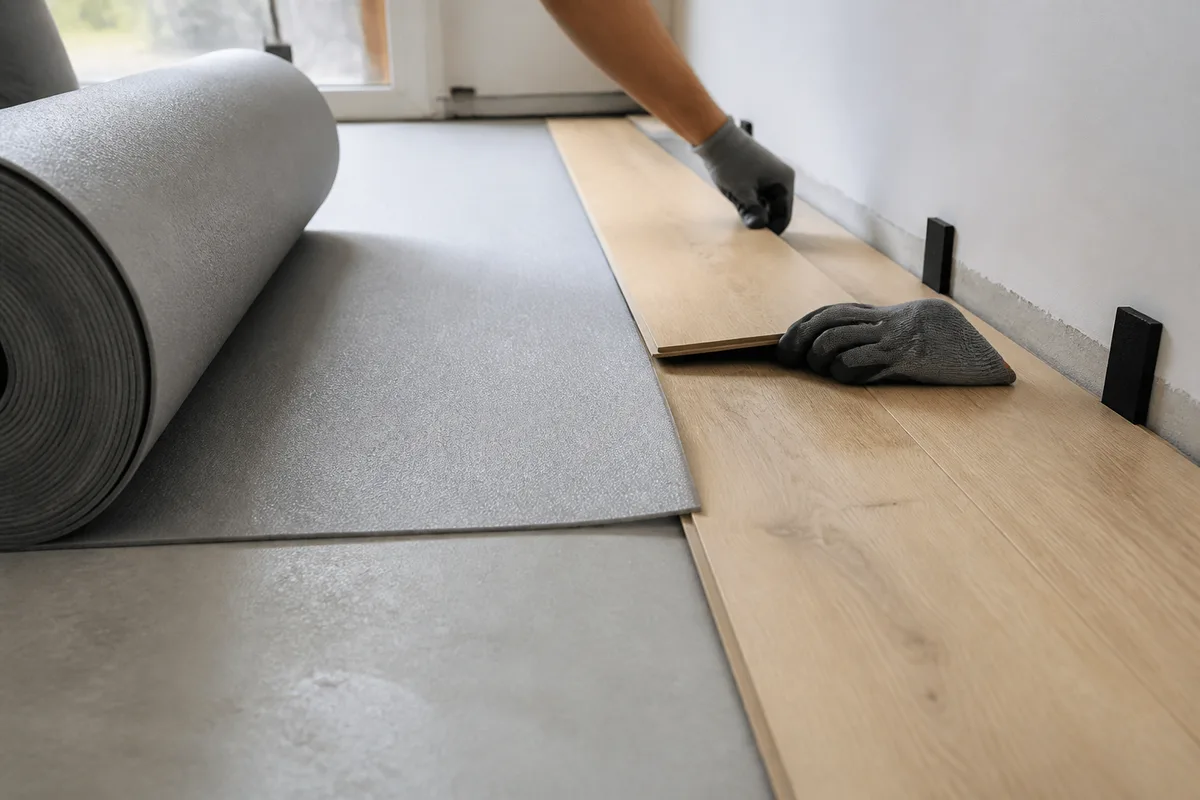 Sous-couche acoustique déroulée sur une dalle avec lames de parquet flottant en cours de pose