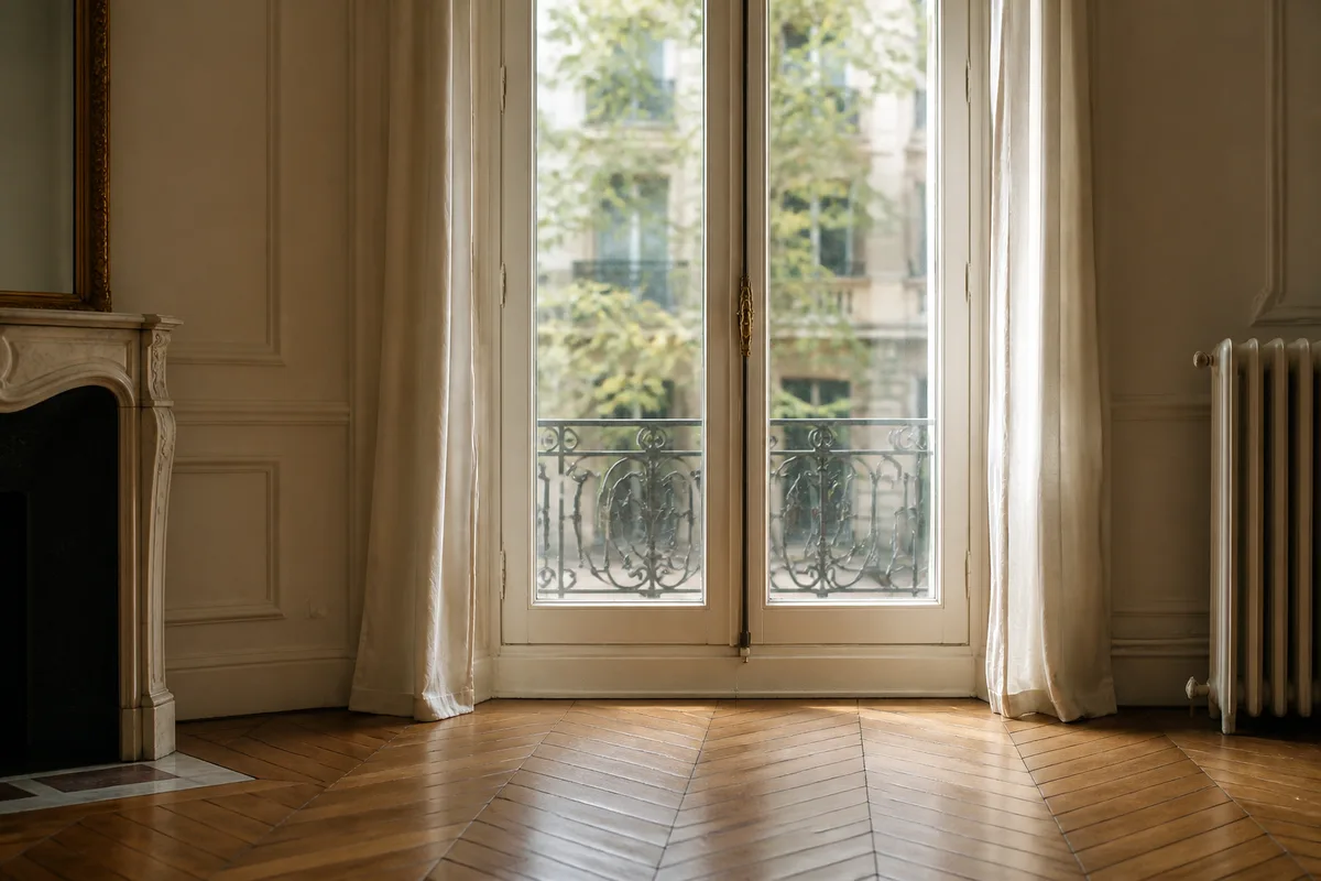 Fenêtre en double vitrage dans un séjour d’appartement ancien à parquet