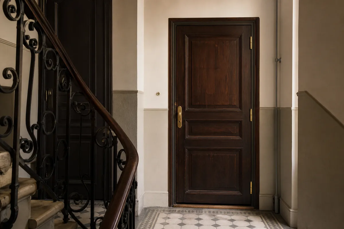 Porte d’entrée d’appartement ancien vue depuis un palier à carreaux de ciment