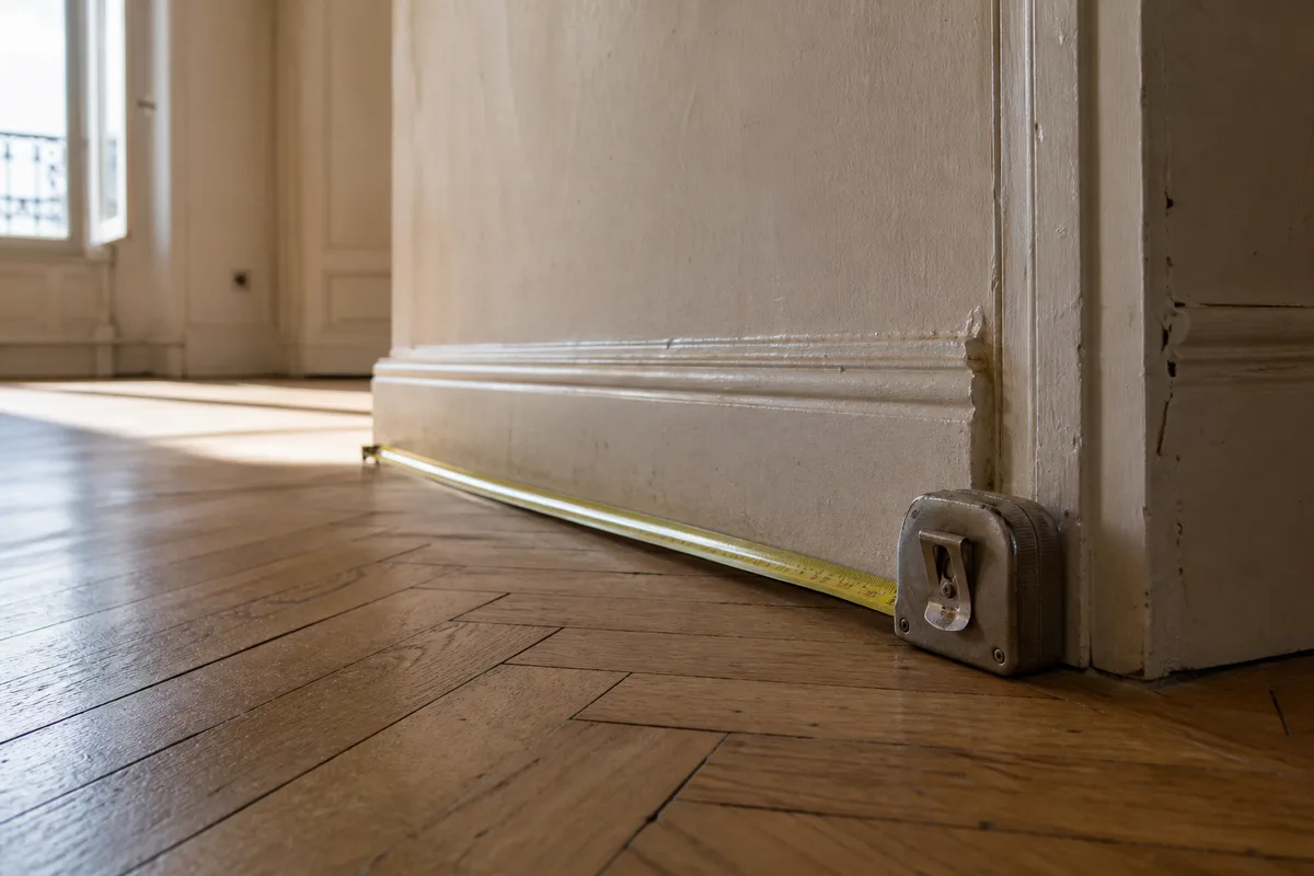 Metre ruban laser pose au sol dans un appartement ancien vide, parquet a chevrons, lumiere naturelle rasante