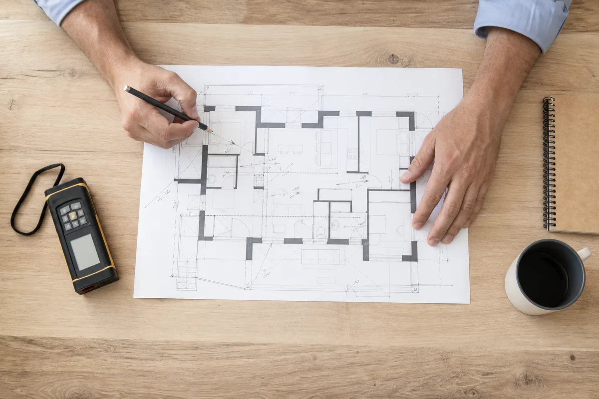 Mains d un diagnostiqueur immobilier annotant un plan d appartement sur une table en bois, telemetre laser pose a cote