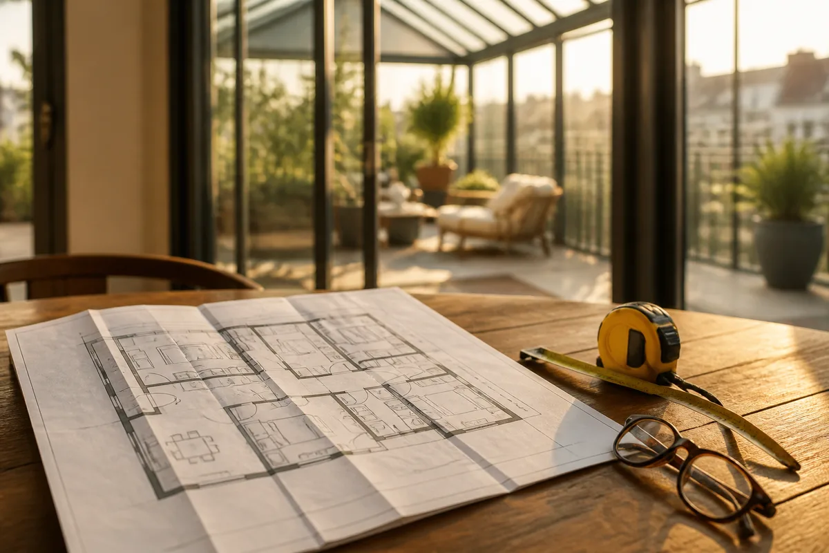 Ruban de mesure et plan de copropriete etales sur une table pres d une fenetre, veranda vitree visible en arriere plan flou