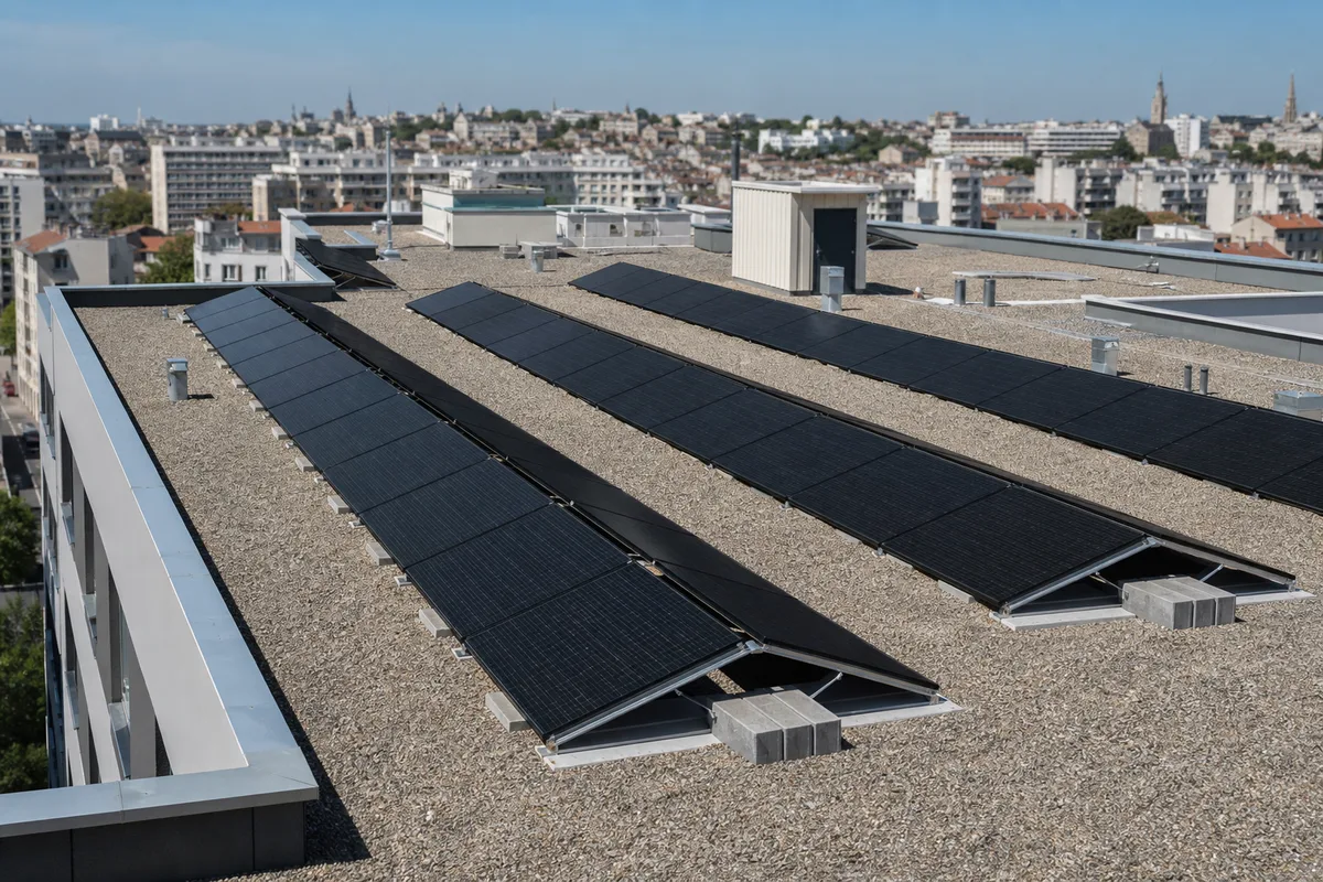 Toiture plate d’un immeuble collectif urbain couverte de panneaux photovoltaïques