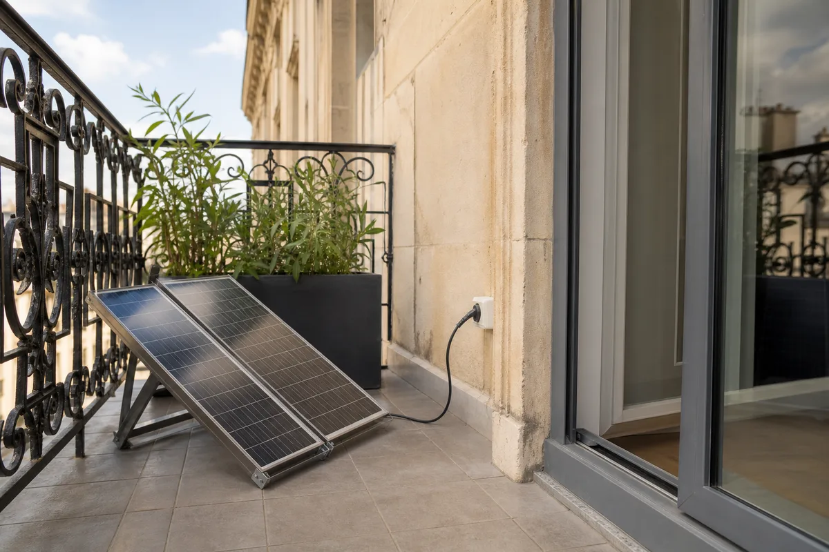 Modules photovoltaïques posés au sol sur un balcon d’appartement, garde-corps métallique
