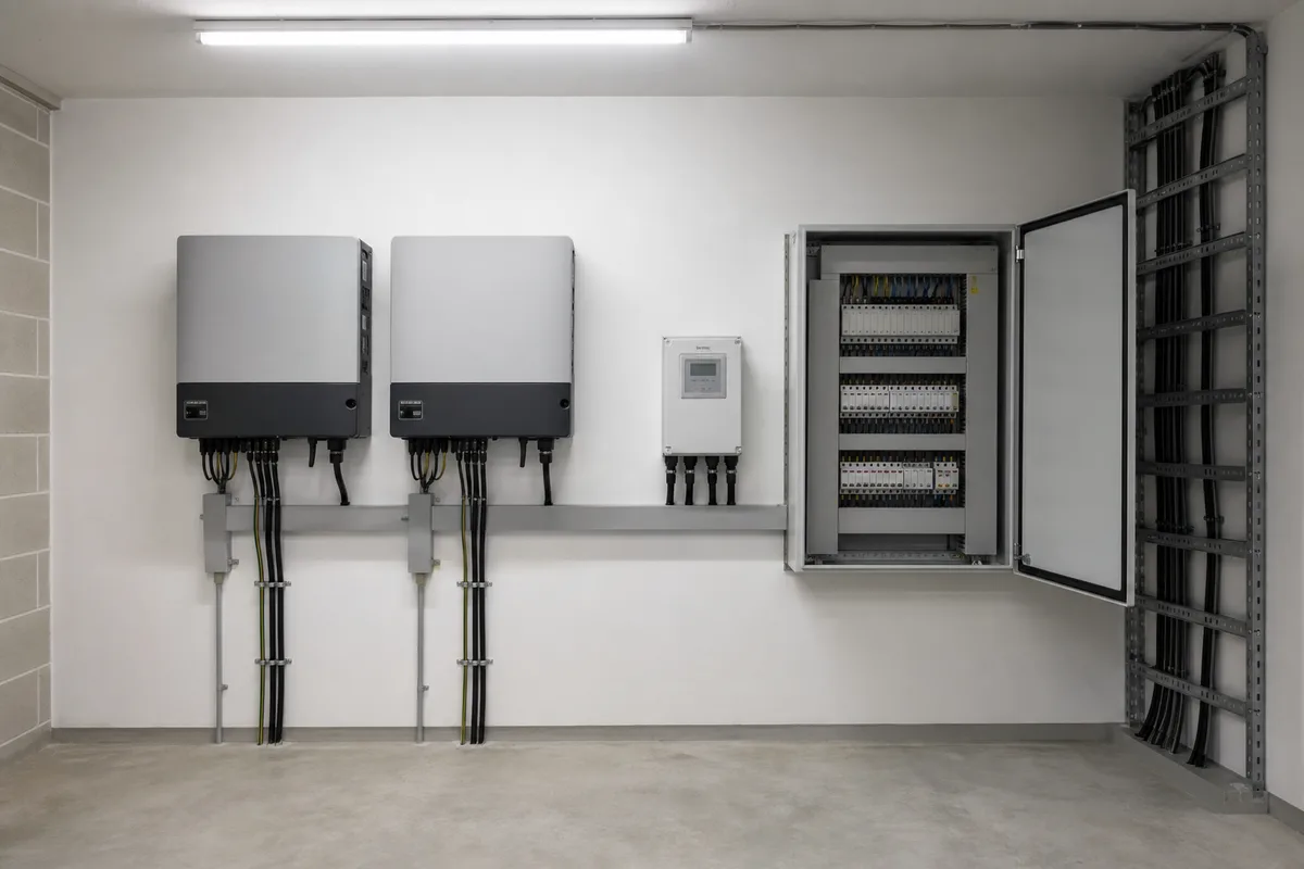 Local technique d’immeuble avec onduleurs et compteur de production électrique