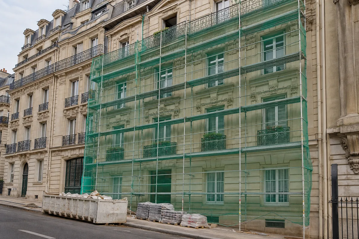 Façade d’immeuble haussmannien en travaux avec échafaudage et bâche de chantier