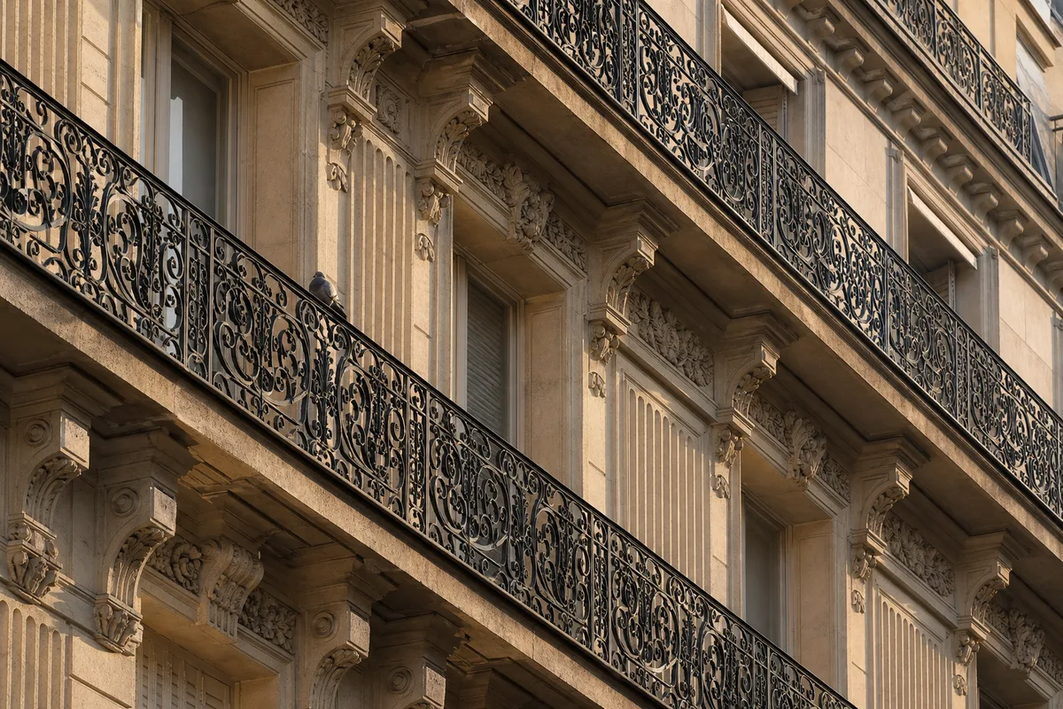 Façade en pierre de taille d’un immeuble ancien avec balcons en fer forgé