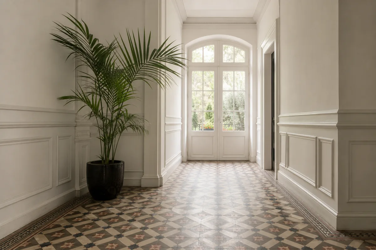 Hall d’entrée d’immeuble ancien avec sol en carreaux de ciment et moulures