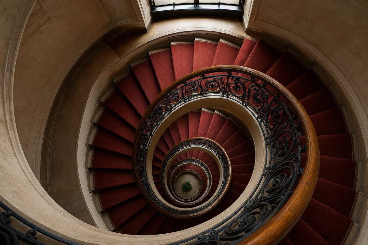 Cage d’escalier ancienne avec rampe en fer forgé vue en plongée