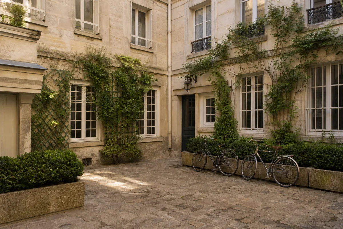 Cour intérieure pavée d’une résidence ancienne avec végétation en bacs