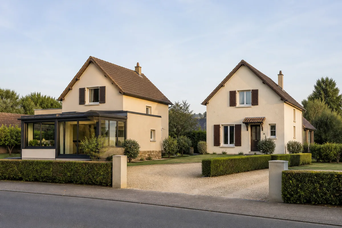 Deux pavillons mitoyens d’apparence semblable alignés le long d’une rue résidentielle