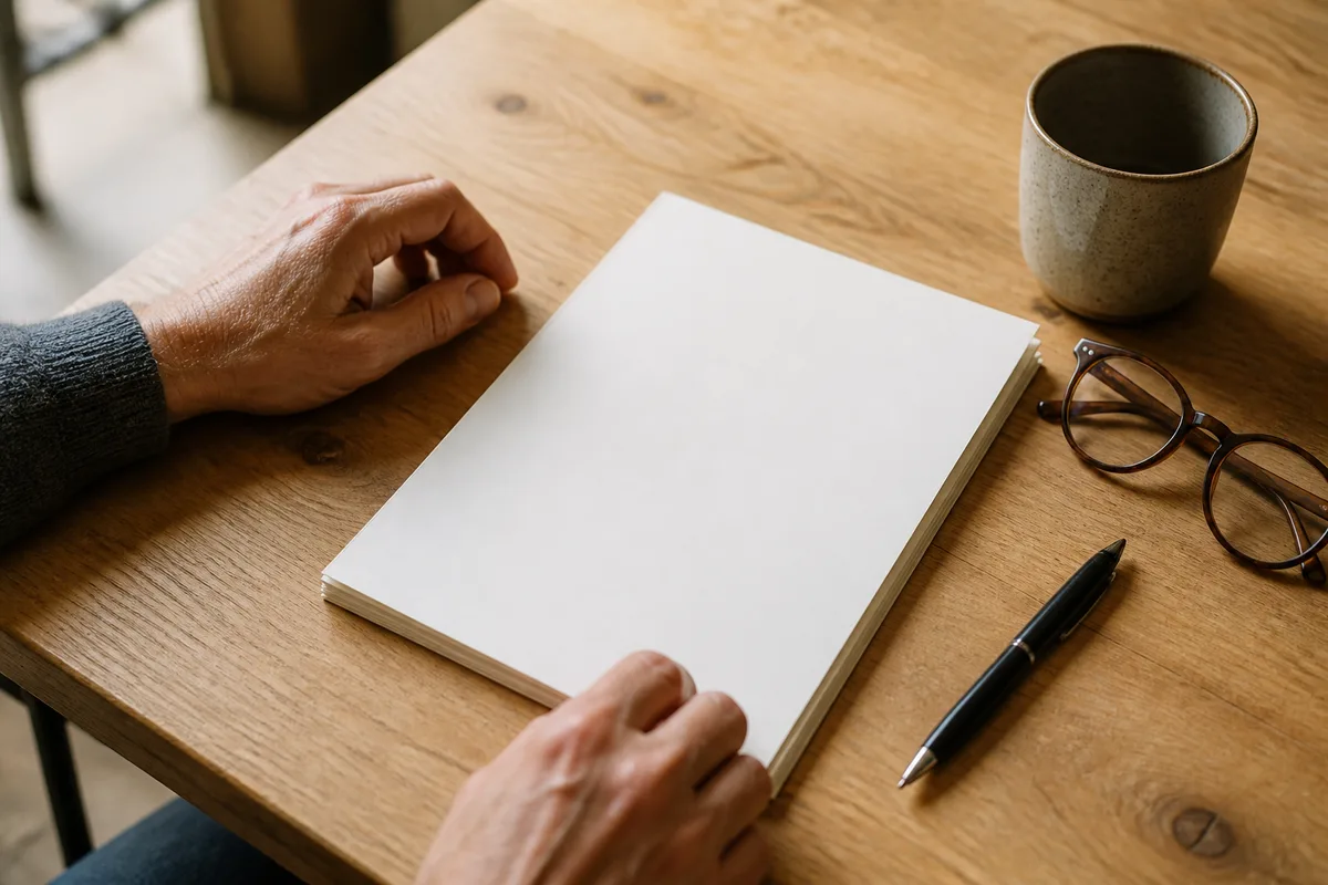 Mains posées sur une table en bois clair à côté d’une pile de feuilles de papier uni