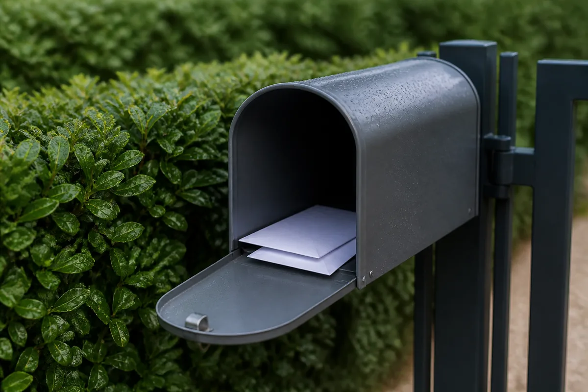 Boîte aux lettres métallique ouverte devant une haie taillée, enveloppes blanches unies