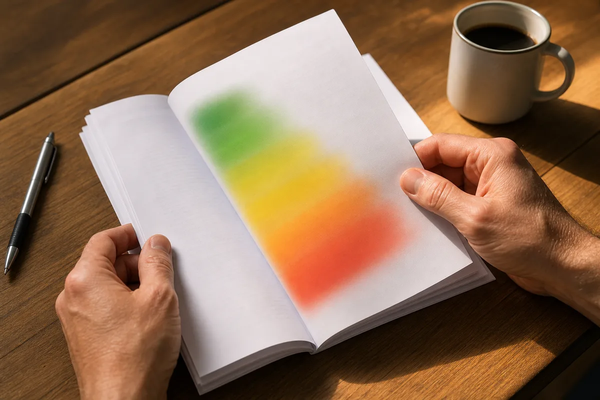 Rapport de diagnostic de performance énergétique posé sur un bureau avec étiquette énergie