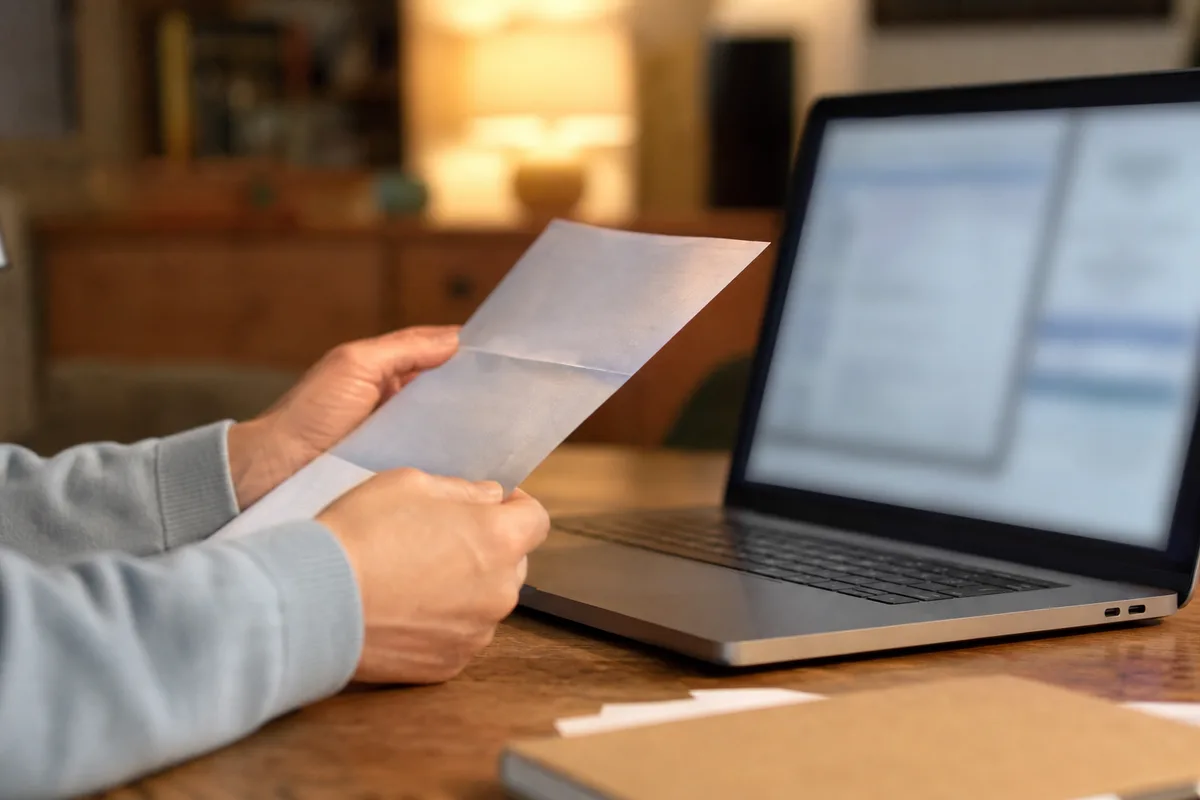 Mains feuilletant un rapport de diagnostic immobilier près d’un ordinateur portable