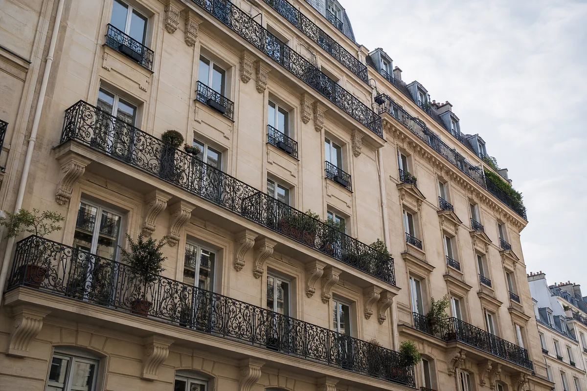 Façade d’immeuble ancien en pierre avec fenêtres rénovées et balcons