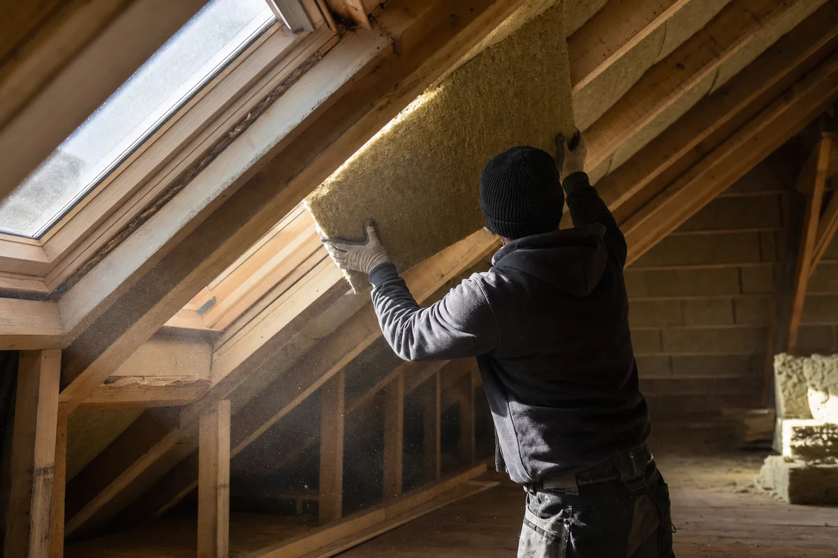 Artisan installant un panneau isolant dans des combles en rénovation